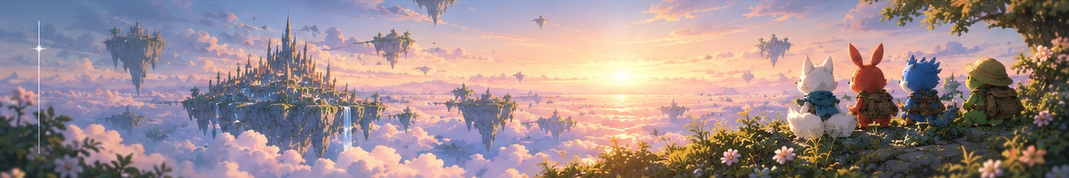 四位旅伴在異世界夕陽中，角色位於右側